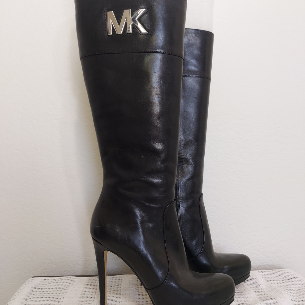 Michael Kors Black Leather Knee High Stiletto Platform Boots